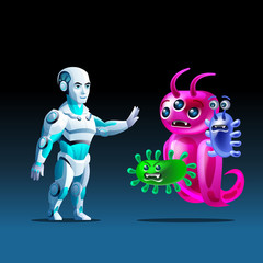 Nanotechnology. Robot stops a bacteria. Nanorobots and cells, Nanorobotics and Bioengineering. Vector illustration