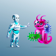 Nanotechnology. Robot stops a bacteria. Nanorobots and cells, Nanorobotics and Bioengineering. Vector illustration