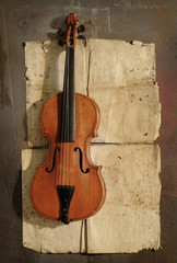 Fototapeta na wymiar Violin on the old grunge spotty paper