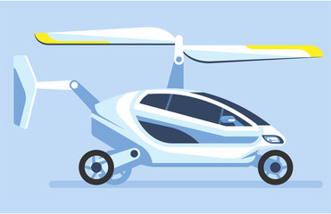 Flying car. Autonomous driverless car. Futuristic intelligent vehicle. Automotive technology