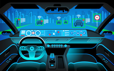 Smart car (HUD) concept. Self-Driving mode car graphic screen with flare light. Artificial intelligence on the road. Vehicle interior.