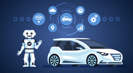 Autonomous car. Self-driving car with robot and icons. Artificial intelligence on the road. Vector infographics illustration