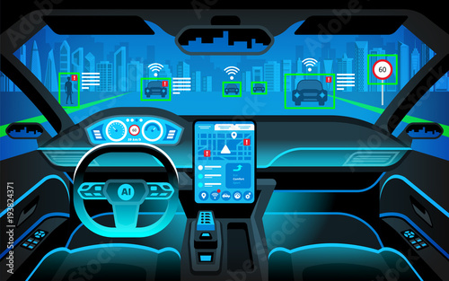 "Cockpit of autonomous car. self driving vehicle. Artificial ...