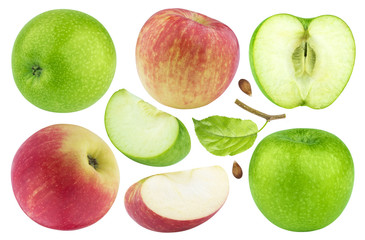 Green and red apples with leaves isolated on white background