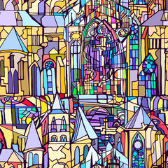 Vector seamless pattern featuring fictional Gothic city architecture elements such as towers and stained glass windows. Abstract colorful background. Hand drawn.