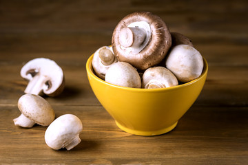Raw Fresh Mushroom in Yellow Bowl Dark Wooden Background Beautiful Champignons