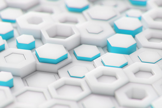 abstract blue paper hexagon 3d-render background.