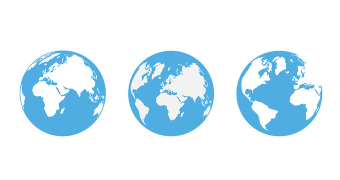 Set of 3 simple globes. Three icons isolated on a white background. Blue and white. In three different positions. Vector illustration.