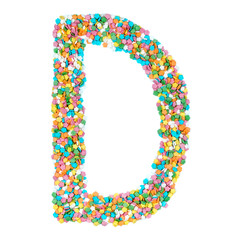 English alphabet letters, numerals and symbols made of little candies