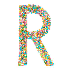 English alphabet letters, numerals and symbols made of little candies