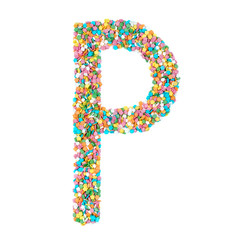 English alphabet letters, numerals and symbols made of little candies