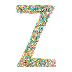 English alphabet letters, numerals and symbols made of little candies