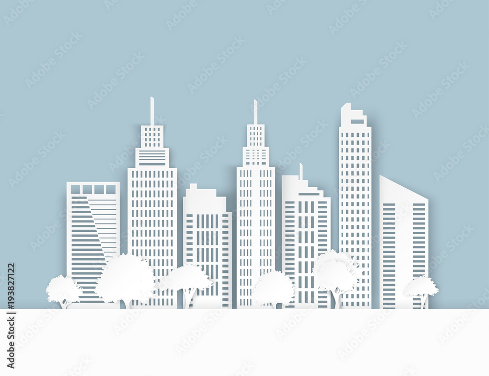 Wall mural white paper skyscrapers and trees. achitectural building in panoramic view. modern city skyline buil