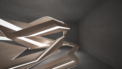 Abstract  concrete and wood parametric interior  with neon lighting. 3D illustration and rendering.