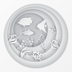 Paper underwater sea cave with fishes, coral reef, seabed in algae, waves. Paper cut deep style vector.  Deep blue marine life, diving concept. Ocean wildlife