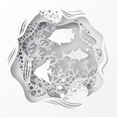 Paper underwater sea cave with fishes, coral reef, seabed in algae, bubbles and waves. Paper cut deep style vector.  Deep blue marine life, diving concept. Ocean wildlife