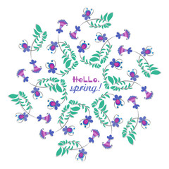 Wreath of decorative flowers. Hello Spring! Spring frame. White background. The inscription is decorated with floral elements. Romantic design for a postcard.