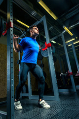 Fototapeta na wymiar beautiful male bodybuilder with a heavy barbell posing in the gym