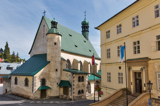 Saint Catherine church and town hall in Banska Stiavnica, Slovakia.