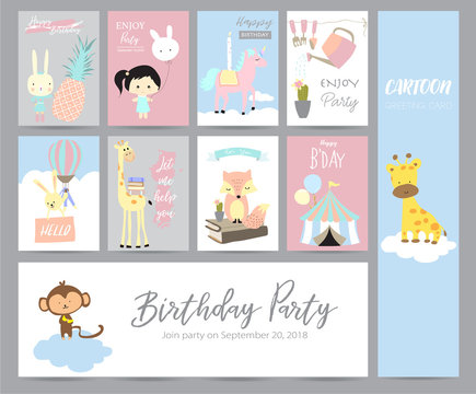 Blue pink pastel greeting card with rabbit,girl,balloon,unicon,cactus,giraffe,fox,monkey and cloud