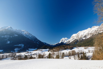Fototapeta na wymiar snow landscape with mountains, Ramsau, Berchtesgaden, Bavaria, Rotpalfen, Hochkalter