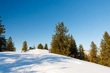 View over snow covered valley of Berchtesgaden, Bavaria, view from Bezoldhütte, Toter Mann