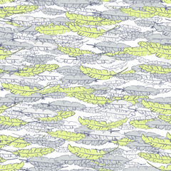 Vector hand drawn doodle seamless pattern with feathers on white background.