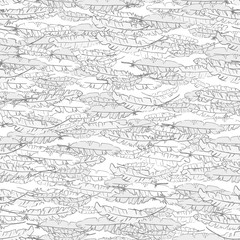 Vector boho hand drawn doodle seamless pattern with feathers on white background.