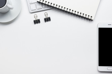 Office desk table with supplies. Flat lay Business workplace and objects. Top view. Copy space for text