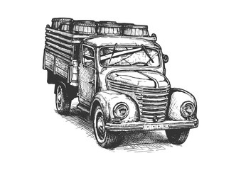 Retro pickup truck with barrels