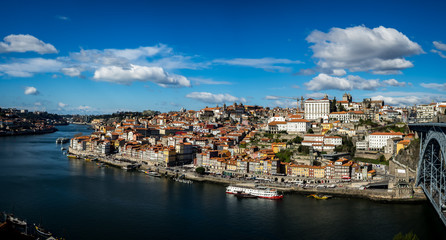 Fototapeta na wymiar Panorama of Oporto's Ribeira with a clear sky