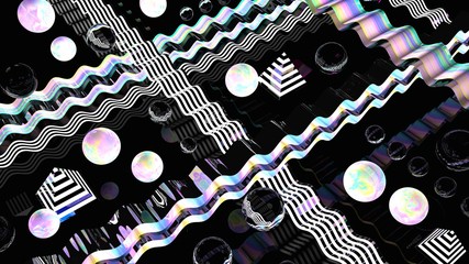 Abstract background. Black glass. Holographic shapes. Geometric wallpaper. 3d illustration. Futuristic poster. Curves and waves. Glowing and glossy objects. Modern concept. Digital image.