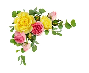 Crédence de cuisine en verre imprimé Roses Pink and yellow rose flowers with eucalyptus leaves