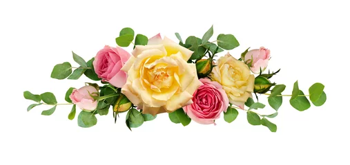 Papier Peint photo autocollant Roses Pink and yellow rose flowers with eucalyptus leaves