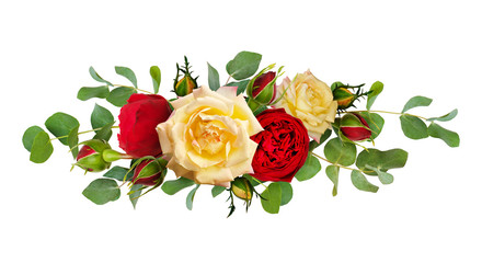 Red and yellow rose flowers with eucalyptus leaves in a line arrangement
