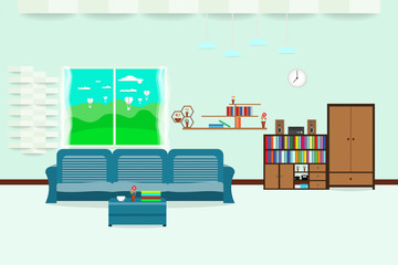living room interior design relax with sofa  and bookshelf window sky cloud landscape meadow in wall Light Blue background. vector illustration