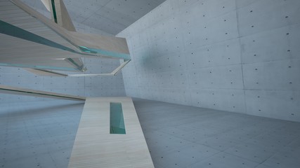 Abstract  concrete and wood parametric interior  with window. 3D illustration and rendering.