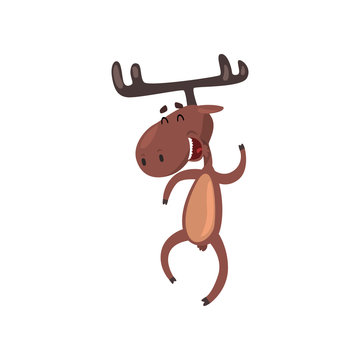 Cute funny deer cartoon character with antlers having fun and jumping on two legs vector Illustration on a white background