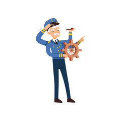 Multitasking captain character behind the wheel, sailor in blue uniform with many hands smoking pipe vector Illustration on a white background