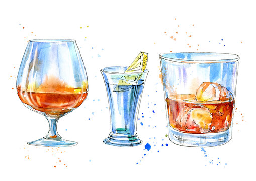Vodka with lemon,whiskey and cognac.Picture of a alcoholic drink.Watercolor hand drawn illustration.Isolated sketch.White background.
