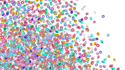 Beads background. Fashion accessory. Handmade craft. Glass beads top view. Sequins. Heap of gems. Rhinestones wallpaper. Realistic illustration. 3d rendering. Jewelry making.