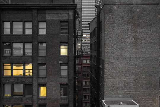Between two buildings in an urban environment