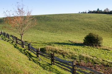 Fototapeta na wymiar Split Rail Fence Through Green Hilly Pastures
