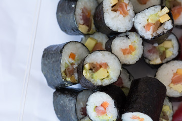 Sushi, Sashimi and maki rolls, isolated on white 