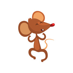 Cute happy brown mouse jumping and smiling happily, funny rodent character cartoon vector Illustration on a white background