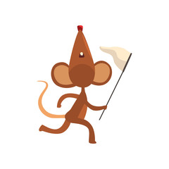 Cute brown mouse catching butterflies with net, funny rodent character cartoon vector Illustration on a white background
