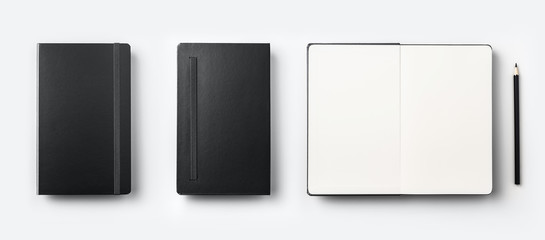 Business concept - Top view collection of black fly black notebook front, back and white open page, pencil isolated on background for mockup