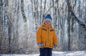 Fototapeta na wymiar cute boy on a walk on a winter day