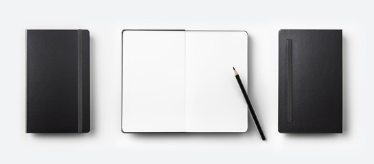 Business concept - Top view collection of black fly black notebook front, back and white open page, pencil isolated on background for mockup