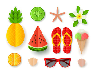 Set of Summer elements. Collection of flat paper cut elements isolated on white backdrop. Vector illustration with tropical fruit, ice cream, seashells, flip flops, sunglassses and flower.